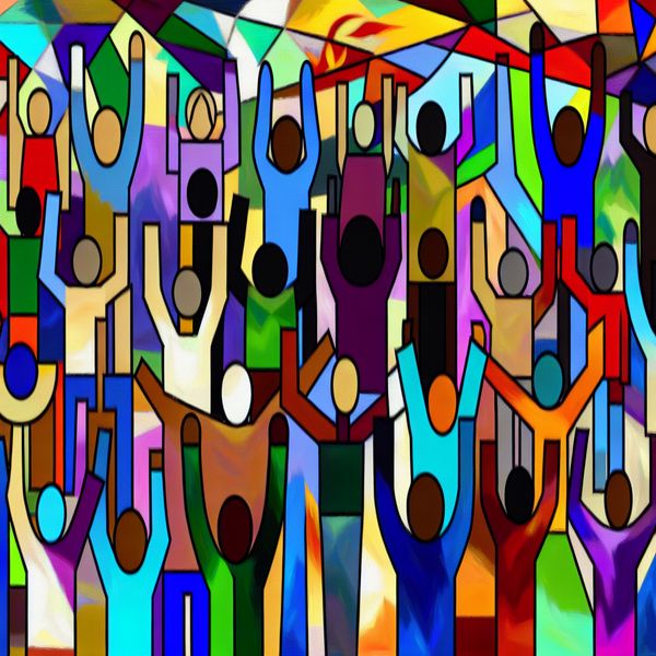 Diverse menigte in solidariteit Een abstracte en levendige afbeelding van een grote menigte van diverse mensen die hun handen omhoog steken in solidariteit.