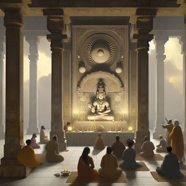 Groep diverse mensen die aanbidden in een serene tempel, voor een prachtig versierd altaar met een goddelijke figuur en symbolen van creatie.