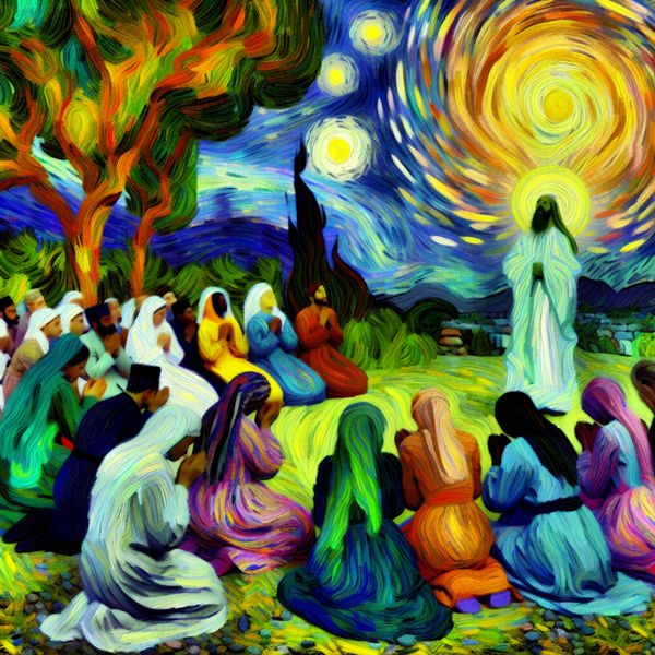 Diverse Mensen Bidden in Spirituele Setting Groep diverse mensen in traditionele kleding, knielend en biddend in een weelderig landschap onder een kleurrijke lucht, met een abstract figuur dat God symboliseert.