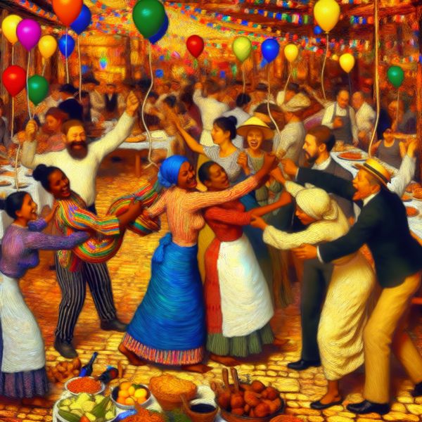 Diverse mensen organiseren een feestelijke viering Een groep diverse mensen die vreugdevol samenwerken om een feestelijke viering te organiseren, omringd door ballonnen en decoraties.