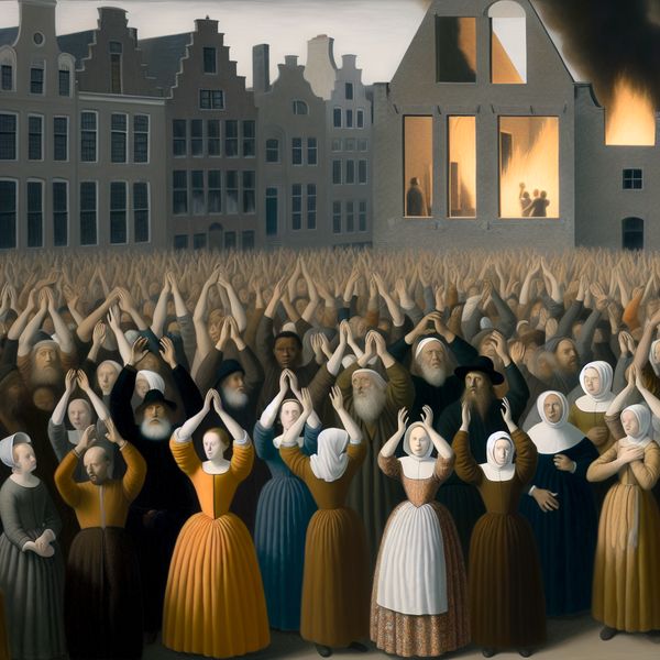 Diverse Mensen Roepen Om Hulp Een diverse groep mensen die buiten hun handen oprichten, in een urgentie om hulp te vragen, met een brandend gebouw op de achtergrond.