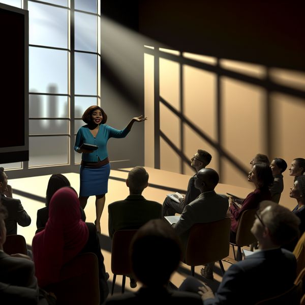 Diverse Mensen in Vergaderruimte - Effectieve Presentatie Diverse groep mensen in een moderne vergaderruimte, geconcentreerd op een presentatie, geleid door een zelfverzekerde vrouw.