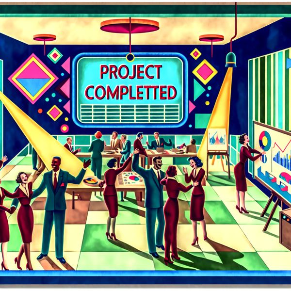 Groep diverse mensen viert de succesvolle voltooiing van een project in een modern, retro-futuristisch interieur.