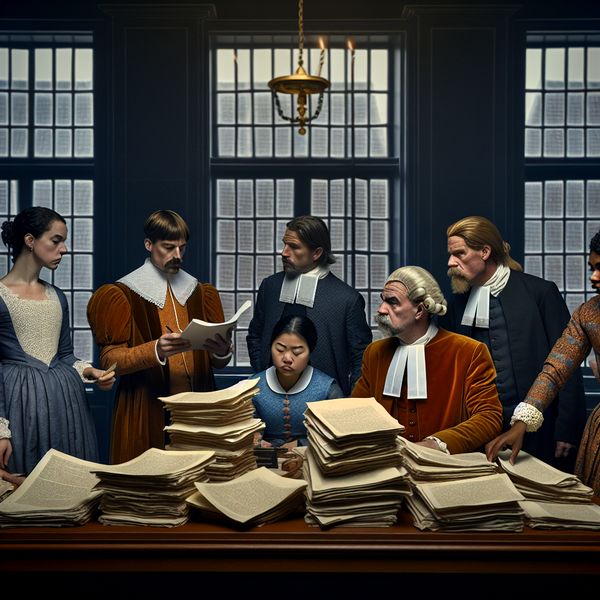 Deelnemers aan juridische discussie in een rechtbank Een diverse groep mensen rond een tafel in een rechtbank, gefocust op juridische documenten, met een serieuze en elegante sfeer.