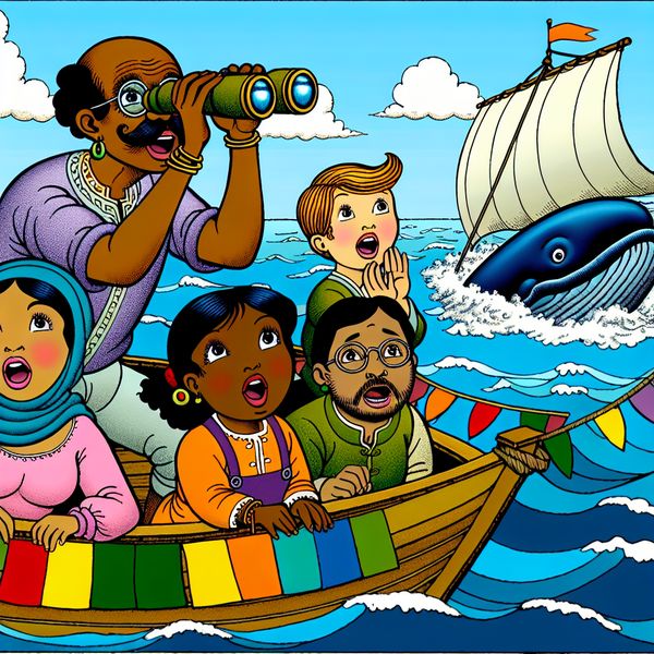 Diversiteit op een Boot met Walvis Observatie Groep diverse cartoonfiguren op een kleurrijke boot met verrekijkers, terwijl ze een grote walvis in de verte zien breken.