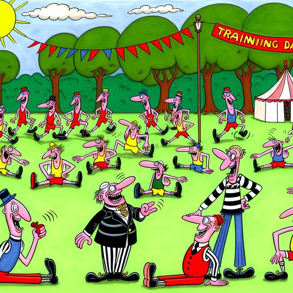Diverse Personages Bereiden Zich Voor op Trainingssessie in het Park Een grappige cartoonafbeelding van diverse personages die zich voorbereiden op een trainingssessie in een levendig park, met een blazende fluitist in het midden.