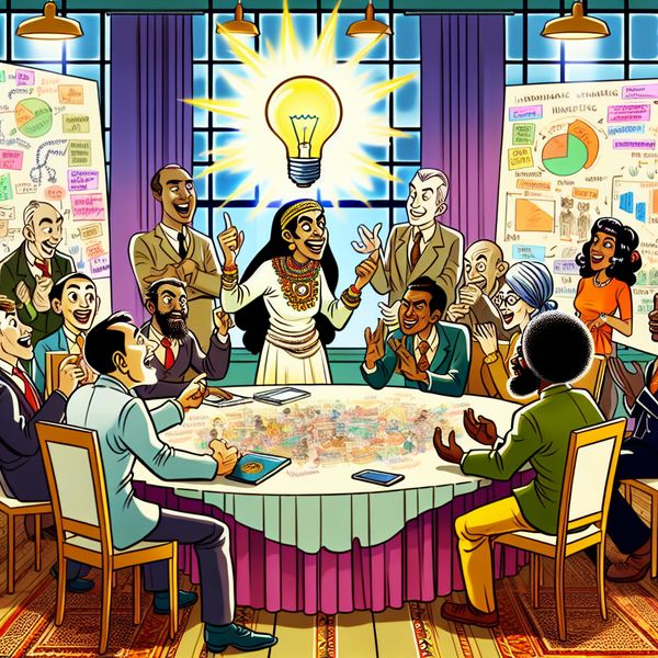 Diverse personages delen vernieuwende ideeën rond een tafel Cartoonachtige scène van een diverse groep mensen die ideeën delen rond een grote tafel, met een personage dat een verfrissend idee presenteert.