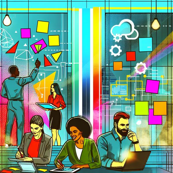 Illustratie van een diverse groep professionals die samenwerken aan een complex project in een moderne werkruimte.