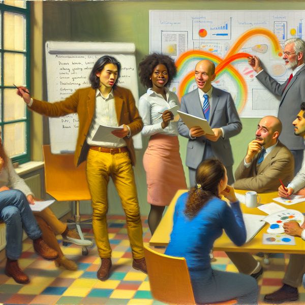 Divers professioneel team werkt samen aan project in moderne kantoorruimte Groep van diverse professionals in moderne kantoorruimte tijdens brainstormsessie, met kleurrijke grafieken en een whiteboard vol ideeën.