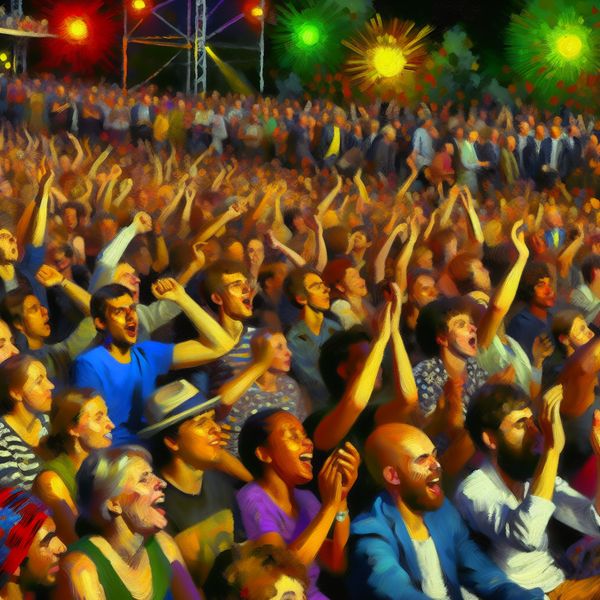 Een divers publiek genietend van een live concert, met enthousiaste applaudisserende mensen van verschillende leeftijden, onder kleurrijke verlichting.