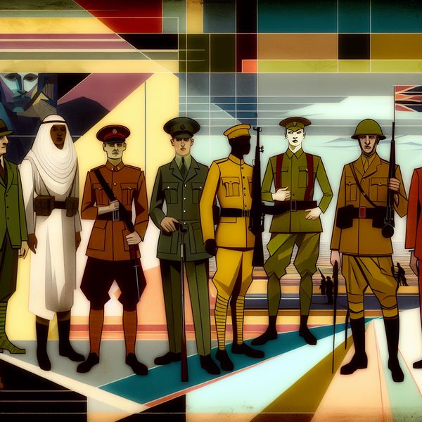 Diverse Soldaten van het Nationale Leger in Retro-Futuristische Stijl Een diverse groep soldaten in moderne, retro-futuristische uniformen staat samen in een abstract landschap dat symbool staat voor hun land.
