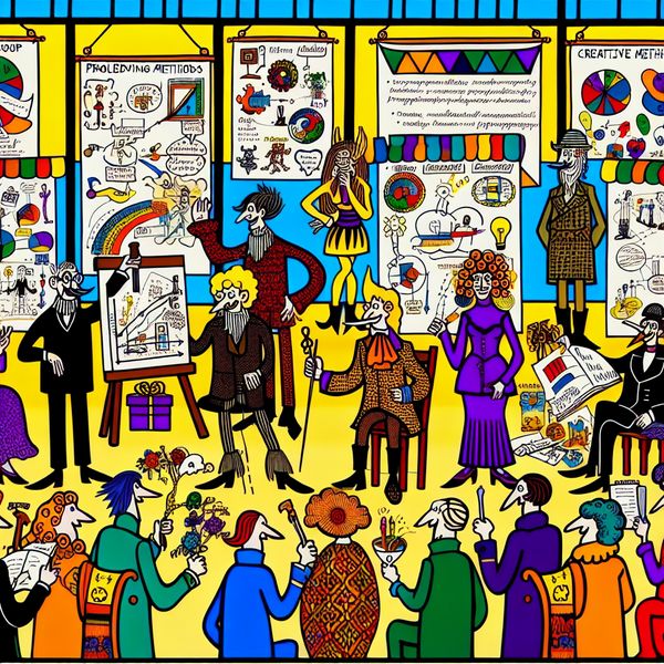 Diverse Strategieën en Probleemoplossing in Cartoonstijl Vibrante cartoonillustratie van een diverse groep personages die hun unieke strategieën presenteren in een kleurrijke conferentieruimte.