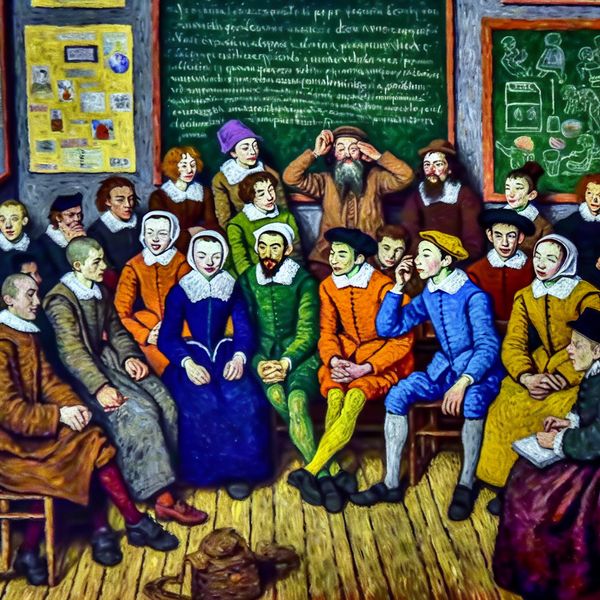 Groep diverse studenten in een klaslokaal, samen in gesprek met vrolijke uitdrukkingen, onder kleurrijke educatieve posters.