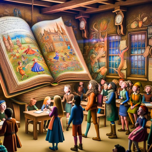 Een diverse groep studenten verzameld rond een groot, kleurrijk boek vol illustraties en tekst, tijdens een kops cursus.