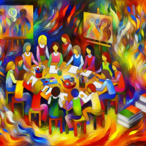 Abstract illustratie van een diverse groep studenten die samenwerkt aan een schoolproject met kleurrijke kunstmaterialen.