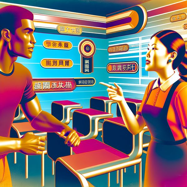 Een moderne retro-futuristische illustratie van een diverse groep mensen in een kleurvolle klasomgeving, waarbij de nadruk ligt op samenwerking en taalonderwijs.