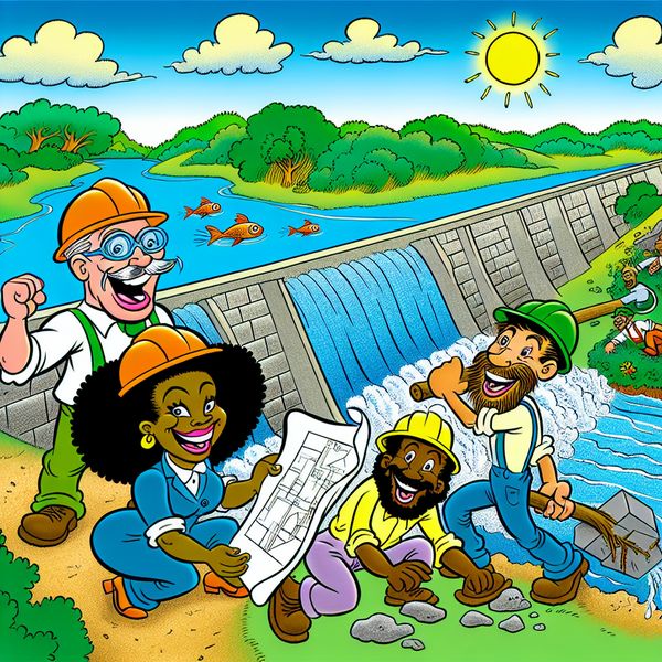 Diverse team bouwt dam over een rivier Een cartoonachtige voorstelling van een diverse groep mensen die samen een dam bouwen, met een nadruk op teamwork en creativiteit.