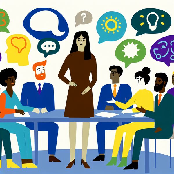 Diverse Teamleden met Belangrijke Rol in Presentatie Illustratie van een diverse groep teamleden rond een tafel, met een persoon die zelfverzekerd presenteert.