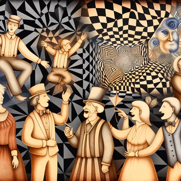 Een surrealistische illustratie van een diverse groep volwassenen met geometrische kenmerken, die emotioneel en levendig interactie hebben, omgeven door een ingewikkeld patroon.