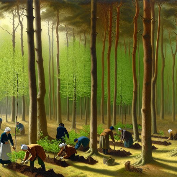 Diverse Arbeiders Planten Jonge Bomen in een Bos Een serene bos scène met diverse arbeiders die jonge bomen planten in een zonovergoten open plek, met aandacht voor duurzame bosbeheerpraktijken.