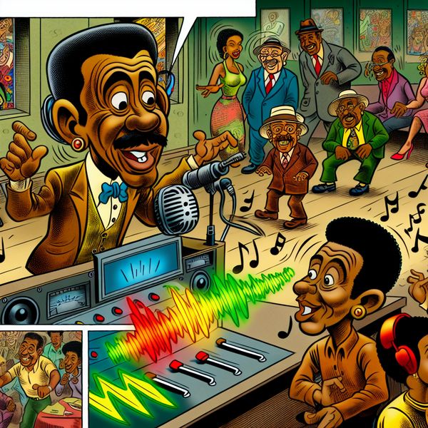 Luchtige cartoonafbeelding van een DJ die een concert aankondigt in een radio studio met enthousiaste luisteraars en kleurrijke geluidsgolven.