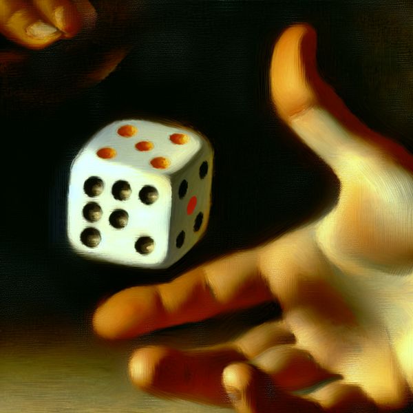 Dobbelsteen met zes ogen - symboliek en waarde in levendige schilderstijl Close-up van een hand die een dobbelsteen vasthoudt met het cijfer zes zichtbaar, geschilderd in de levendige stijl van Frans Hals