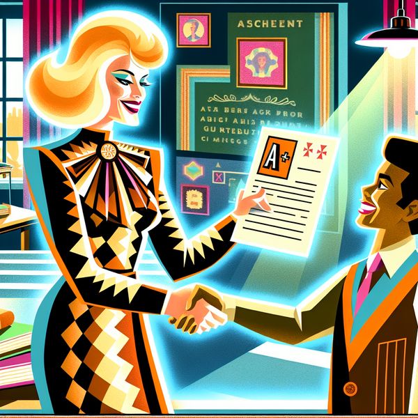 Docent en student geven elkaar een hand in een retro-futuristische klas, waarbij de student een rapport met een A+ toont als teken van prestatie en waardering