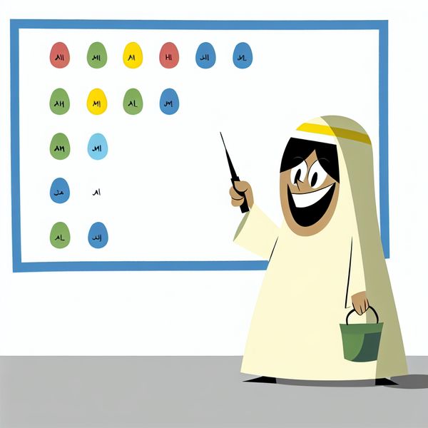 Docent wijst namenlijst aan - opsommen in onderwijscontext Minimalistische illustratie van een vrolijke docent die met een dikke stift wijst naar een lijst met namen op een whiteboard, in heldere primaire kleuren en eenvoudige lijnen