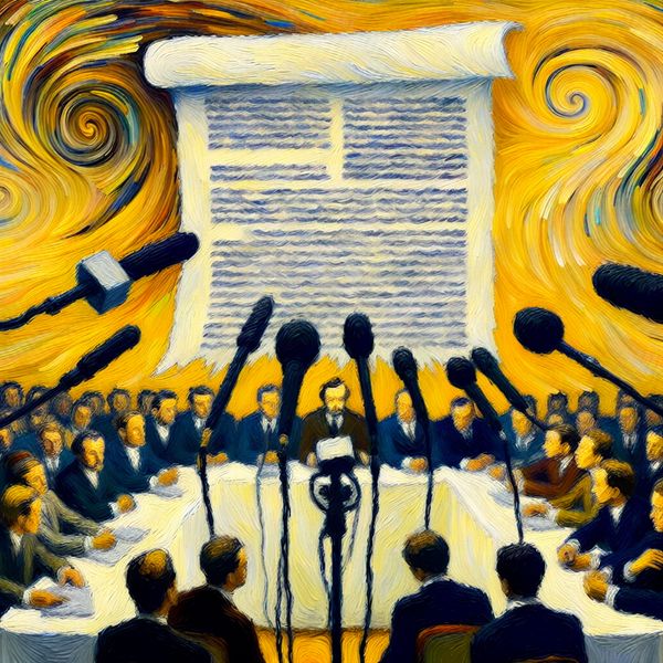 Document in Electrifying Journalistic Context Een levendige afbeelding van een groot document op een tafel, omringd door krantenartikelen en microfoons, in de stijl van Vincent van Gogh.