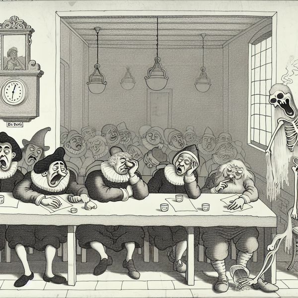 Dodelijk vervelende vergadering - cartoon illustratie over saaiheid en tijdverspilling Cartoonachtige vergadering met uitgeputte deelnemers en een spookachtige figuur genaamd 'de dood', die de dodelijke verveling van een eindeloze bijeenkomst symboliseert