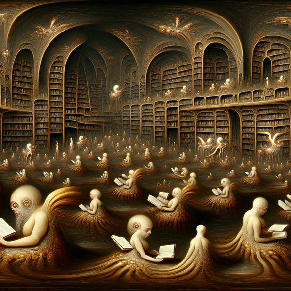 Doelgroep volwassenen: symbolische voorstelling van exclusieve content voor 18+ Surrealistisch tafereel van een exclusieve bibliotheek of bioscoop voor volwassenen, geïnspireerd op Hieronymus Bosch, met symbolische details en een donkere, complexe sfeer