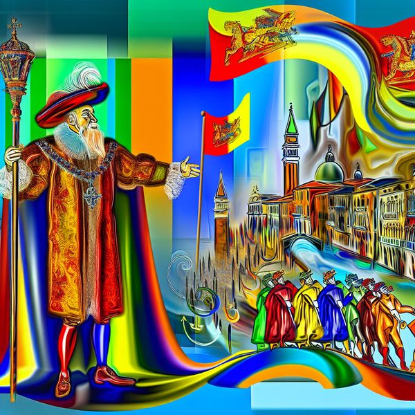 Doge van Venetië - Leiderschap en Macht in Kunst Abstracte afbeelding van de Doge van Venetië in traditionele kledij, omringd door symbolische elementen van macht en leiderschap.
