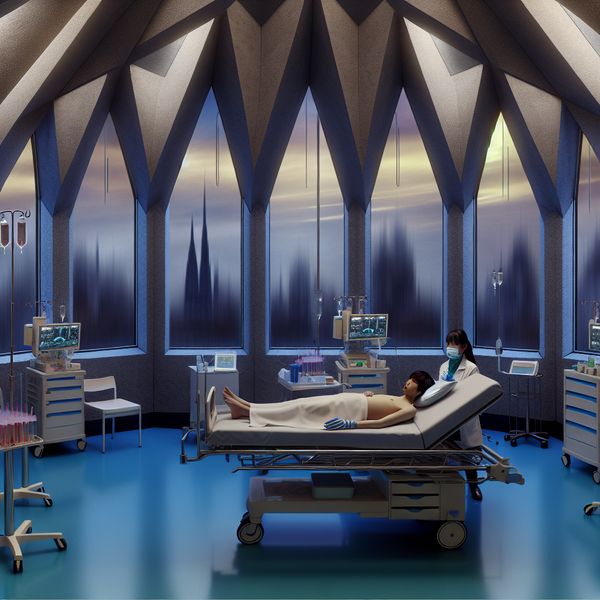 Dokter dient geavanceerde medicatie toe aan patiënt in surrealistisch ziekenhuis met dramatische architectuur en zacht licht