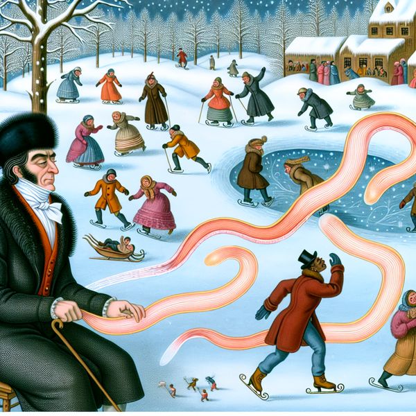 Dokter onderzoekt zenuw in winterse scène Een dokter onderzoekt een lange, dunne zenuw of spier, weergegeven als een transparante, golvende band in een winterlandschap met schaatsende mensen en sleeën.