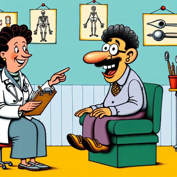 Dokter spreekt met patiënt over pijnklachten in een gezellige kantooromgeving Een vriendelijk ogende dokter in zijn gezellige kantoor, die aandachtig naar een patiënt luistert die zijn beenpijn beschrijft.