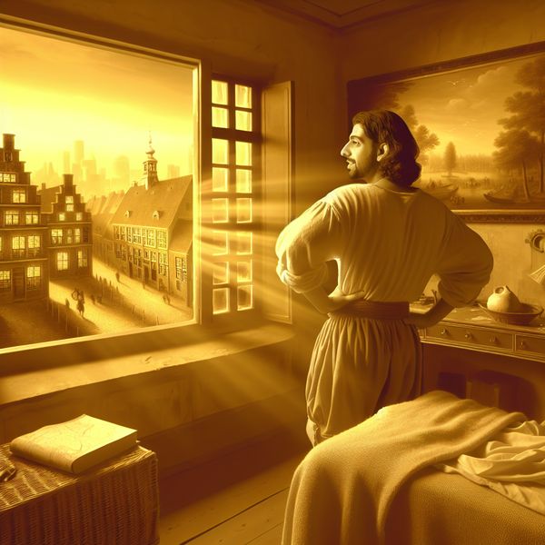 Persoon kijkt dromerig uit het raam naar een schilderachtige Europese stad bij zonsondergang, met warme gouden tinten en historische gebouwen