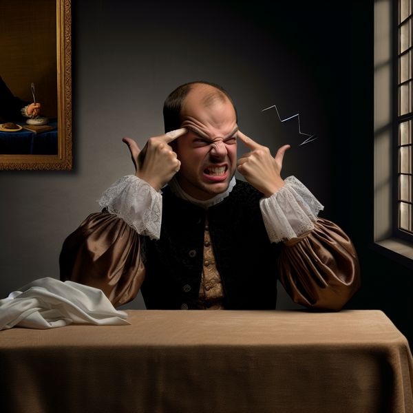 Elegant persoon in historische setting die bijna gek wordt van irritatie door hard geluid van de buren