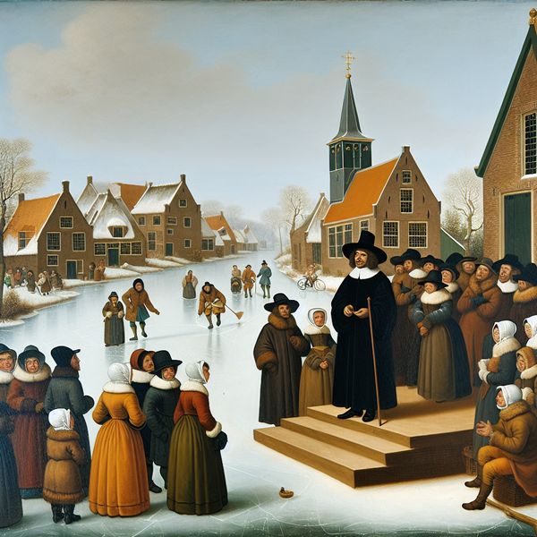 Protestantse dominee preekt op zondag voor dorpsgemeente in 17e-eeuws Hollands winterlandschap met kerk en schaatsers op bevroren kanaal