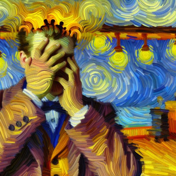 Vergeetachtigheid en domme fouten in expressieve Van Gogh-kunst Persoon met een beschaamd gezicht houdt het hoofd vast, vergeetachtig met sleutels in een gedachtewolk in Van Gogh-stijl