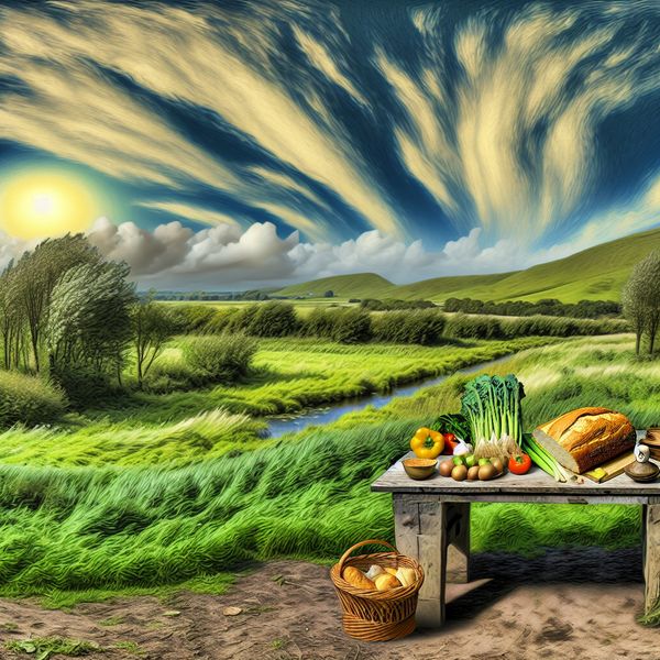 Donatie van voedsel aan voedselbank in landelijke omgeving Een eenvoudige houten tafel met groenten en brood als symbolische donatie aan een voedselbank in een landelijke omgeving