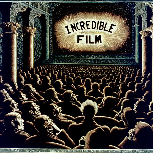 Incredible Film in een Intrigerend Filmtheater Donkere filmtheater met oplichtende marquee en publiek vol verwondering