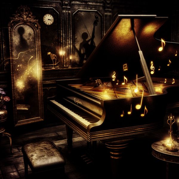 Donker Gotisch Pianoscene met Muzikale Noten Een donker, gotisch interieur met een open groot piano en zwevende muzikale noten in gouden licht.