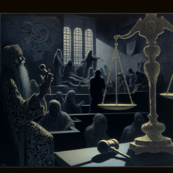 Donkere Gotische Rechtszaal met Rechtvaardigheidssymbolen Een donkere, gotische rechtszaal met een rechter en een complexe gavel, symboliserend rechtvaardigheid.