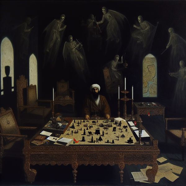 Een persoon zit aan een grote, versierde tafel met diverse spelstukken en kaarten, in een donkere, gotische kamer.
