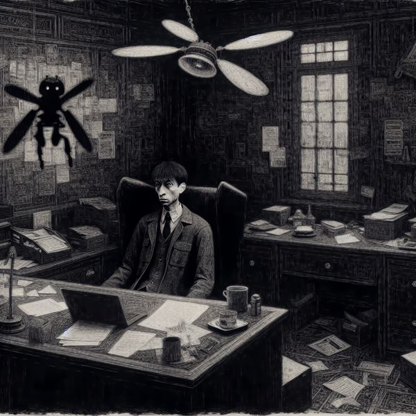 Donkere Kantoor Scene Geïnspireerd door Félicien Rops Een verzonnen menselijke figuur die eruitziet als een drone, zittend aan een chaotisch bureau in een sombere kantooromgeving, starend naar een computerscherm.
