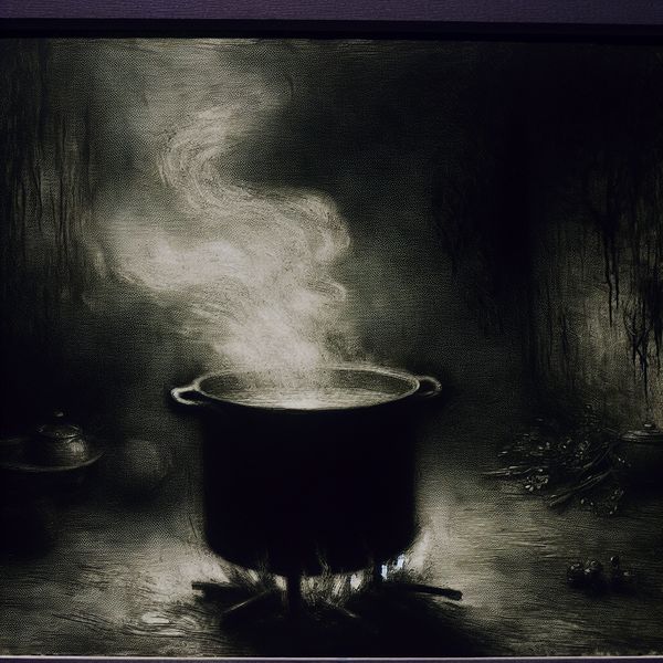 Sfeervolle keuken met pruttelende soep Een donkere, sfeervolle keuken met een pot op het fornuis waarin soep pruttelt, met stoom die omhoog stijgt en kleine luchtbellen die zich vormen aan het oppervlak.