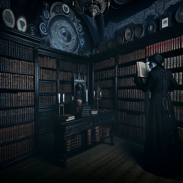Donkere, mysterieuze bibliotheek met hoge boekenplanken vol oude leren boeken; een schimmige figuur in gotische kleding bekijkt de boeken.