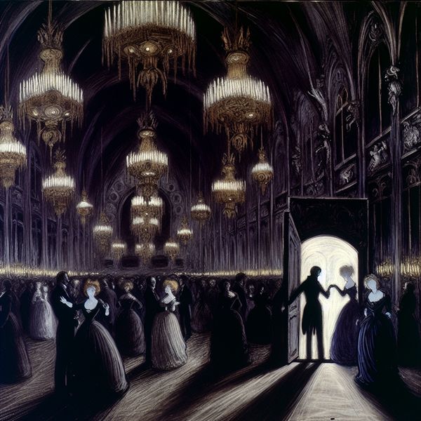 Donkere en mysterieuze feestscène vol elegantie en symboliek Een duistere en mysterieuze scène van een luxe feestje met elegant geklede gasten die dansen onder gotische kroonluchters. Een paar laatkomers staan in de open deur, verrast en iets rommelig, wat aangeeft dat de viering al begonnen is.