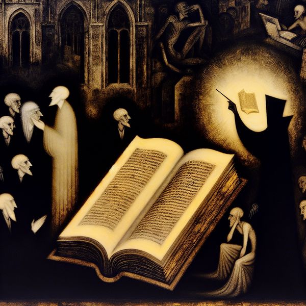 Een donker en mysterieus tafereel met een boek en schimmige figuren die het belang van samenvatten bespreken.