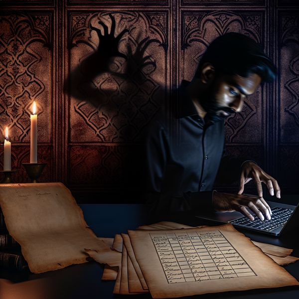 Donkere scène van schriftelijke communicatie met een laptop Een schimmige kantoorruimte met een silhouet dat een e-mail schrijft op een laptop, omringd door kaarsen en gotische patronen.
